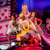 Front: Emma Jay Thomas as The Prince of Spades, Gibsa Bah as Jack, The Knave of Hearts and Myla Carmen as The Princess of Diamonds. Behind: Andrew Pollard as The Queen of Hearts