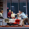 Phia Saban as Antigone, Mark Strong as Oedipus, Lesley Manville as Jocasta, James Wilbraham as Polyneices, Jordan Scowen as Eteocles and (just visible) June Warson as Merope
