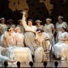 Claire Pascoe (Dame Hannah, centre) with members of the Chorus of Opera North (Bridesmaids)