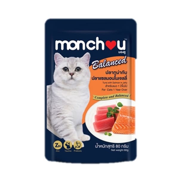 Monchou มองชู ซีพี อาหารเปียก รสทูน่าและแซลมอนในเจลลี่ สำหรับแมวโต 80 g