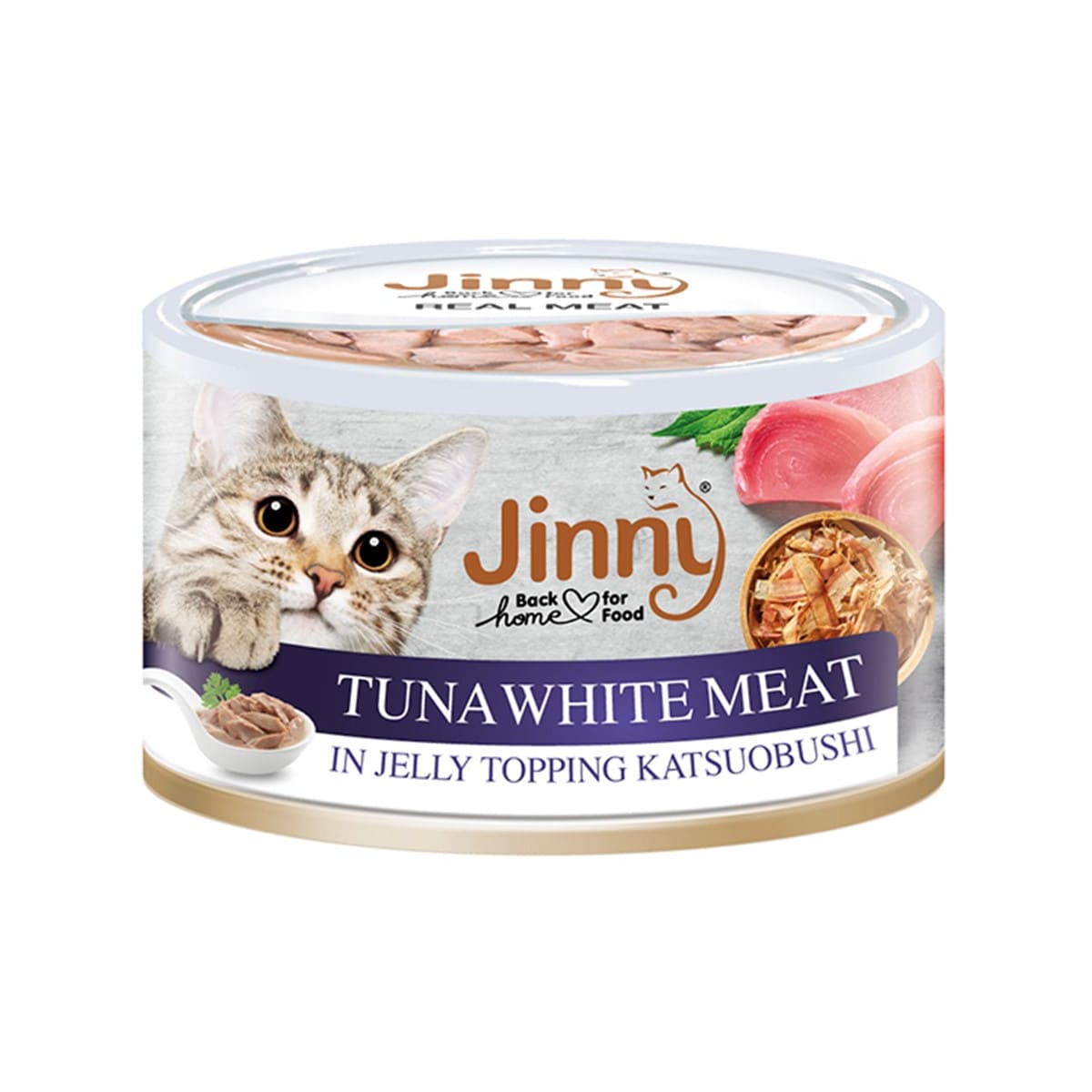 Jinny จินนี่ อาหารเปียก แบบกระป๋อง สำหรับแมว รสปลาทูน่าเนื้อขาวในเยลลี่หน้าคัทสึโอะบูชิ 85 g_1