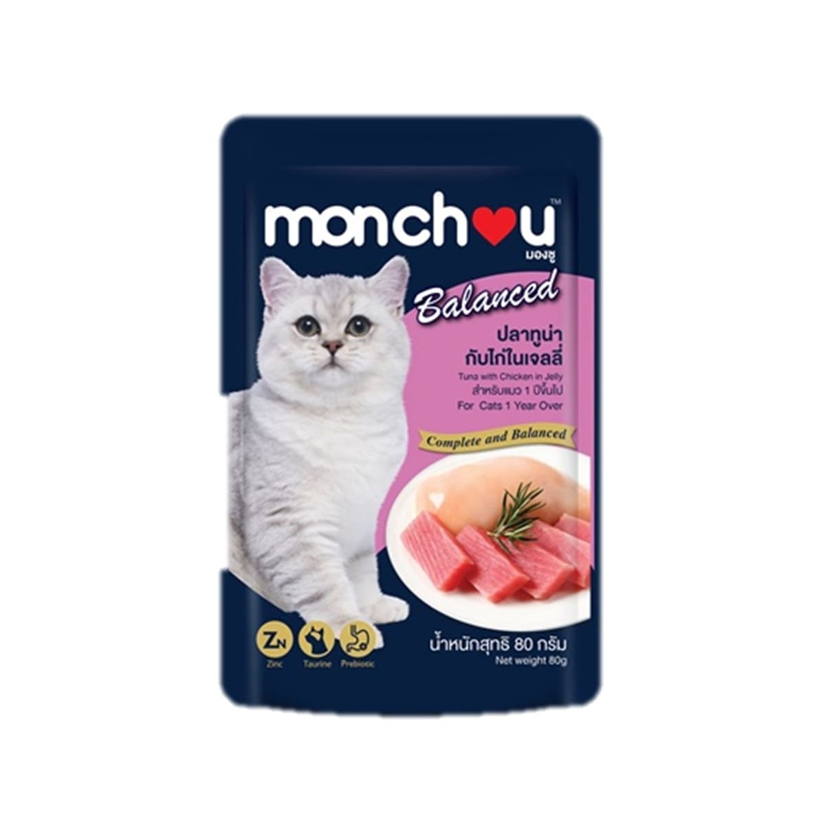 Monchou มองชู ซีพี อาหารเปียก รสทูน่าและไก่ในเจลลี่ สำหรับแมวโต 80 g