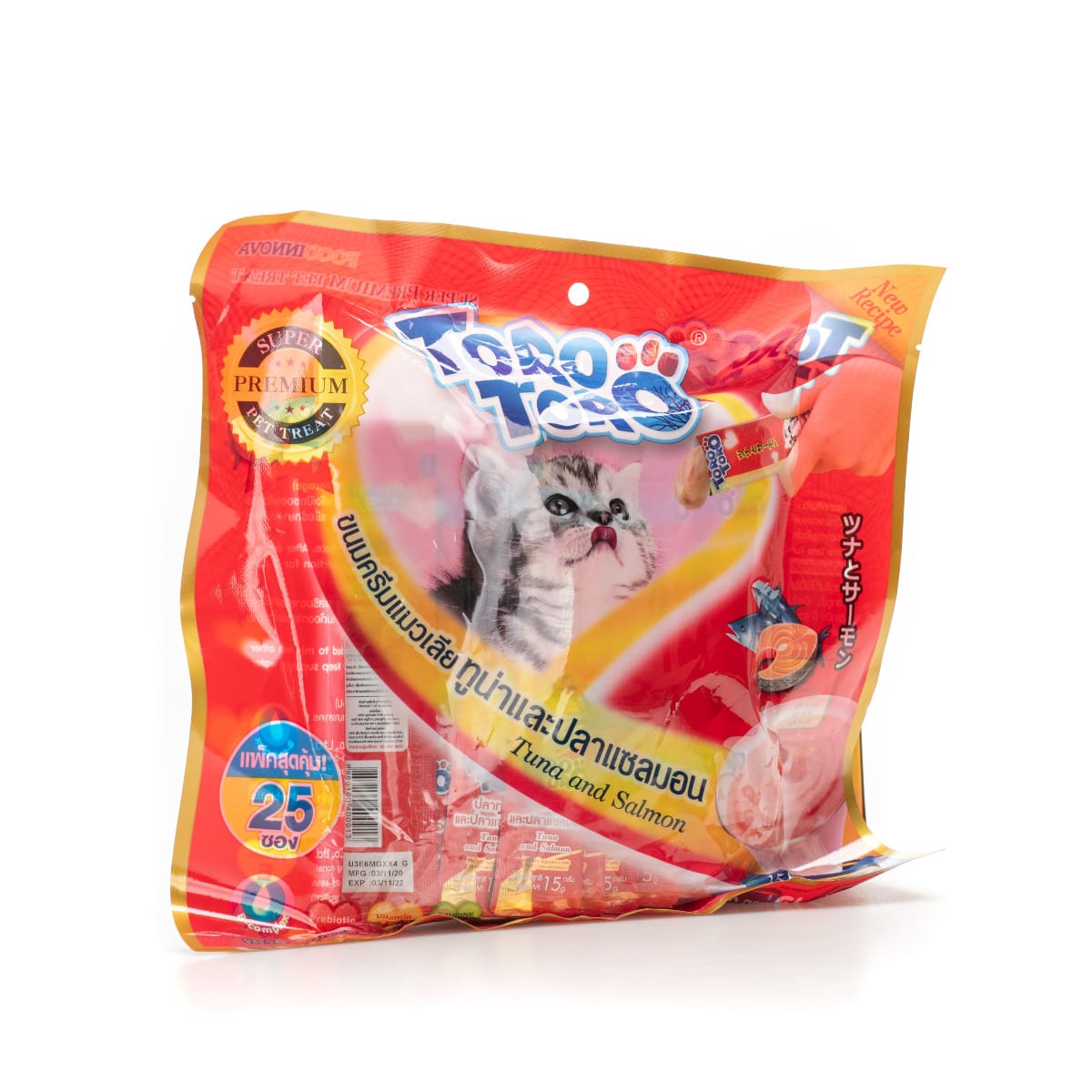 Toro Toro โทโร โทโร่ ขนมครีมแมวเลีย รสปลาทูน่าและปลาแซลมอน 15 g, 25 ชิ้น