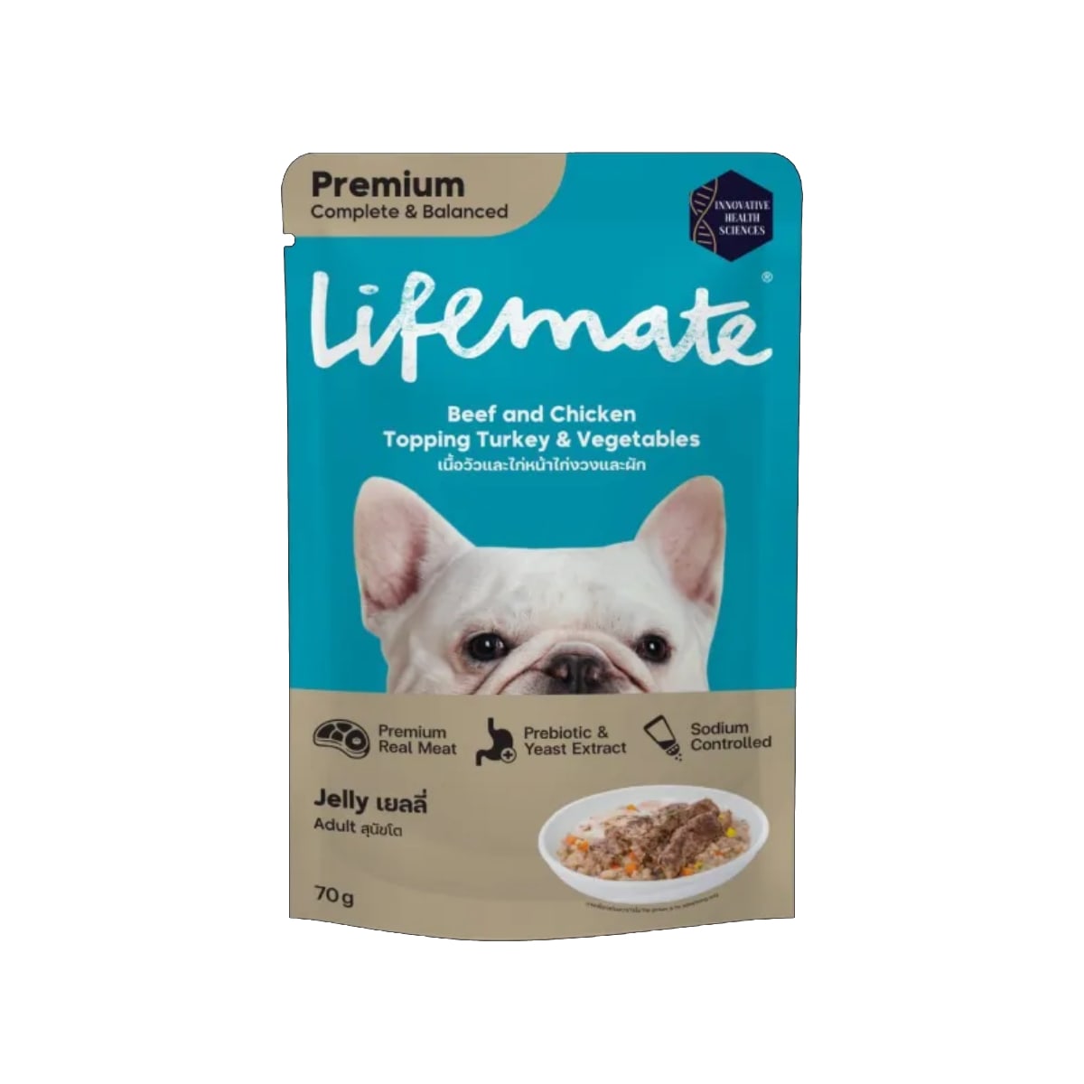 Lifemate ไลฟ์เมต อาหารเปียก สำหรับสุนัข สูตรวัวไก่หน้าไก่งวงและผักในเยลลี่ 70 g_1