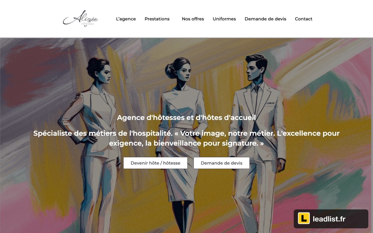 Page d'accueil du site de Alizée Hôtesses