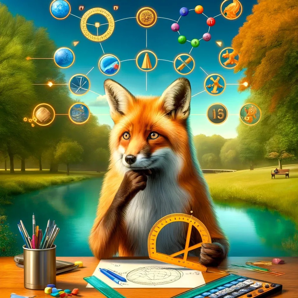 DALL·E 3 Prompt: "A vivid photo of a fox sitting at a desk by a pond, tinkering with a protractor and other mathematical tools, symbolizing key concepts. The fox has a thoughtful expression, with one paw holding a protractor and the other paw touching its chin as if in deep thought. Surrounding the fox are icons representing key concepts such as heuristics, biases, and decision-making tools. The background includes lush trees and the serene pond, creating a balanced and contemplative atmosphere."