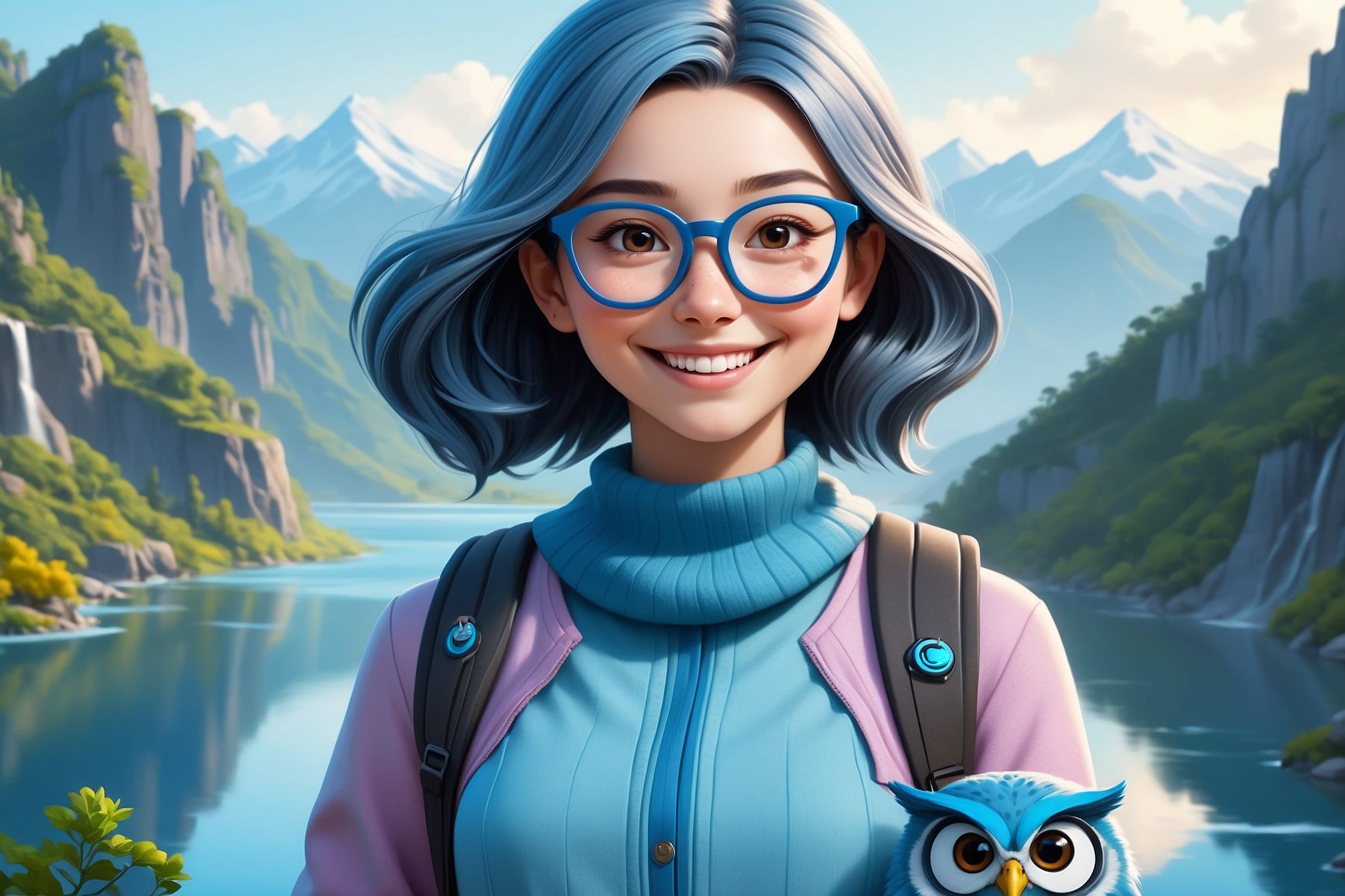 Leonardo.Ai | Prompt: A young techie lady with a vibrant personality, sporting trendy glasses, light blue (hex color #5F92C3) highlights in her hair and accompanied by a small single playful cartoon owl familiar, stands confidently against a backdrop of mountains and rivers.
