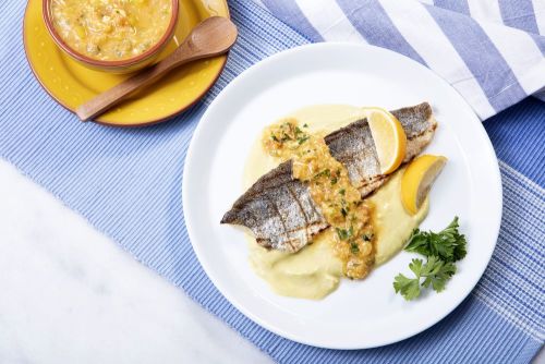 Grilled Trout with Crema de Aguacate and Pineapple Pistou