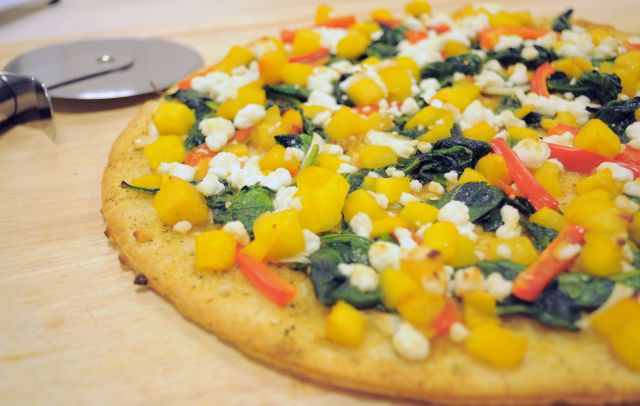 Spinach and Peach Pizza with Goat Cheese