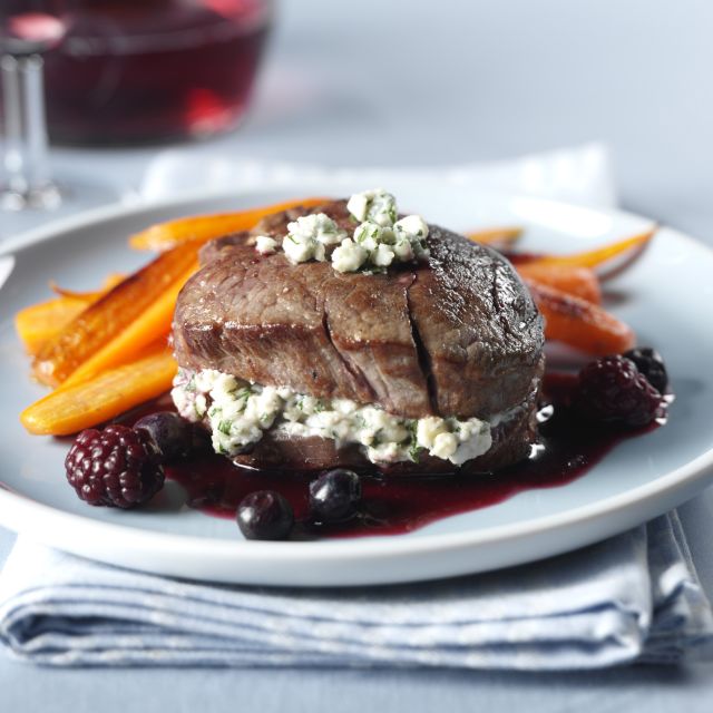 Pan Seared Beef Filet with Feta Cheese and Blackberry Chocolate Port Sauce