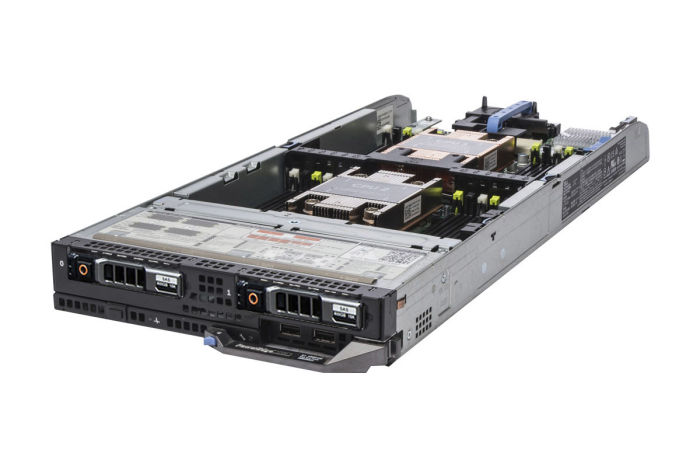 Angled view of Dell PowerEdge FC630 with 2 x 400GB SATA Solid-State Drives  
