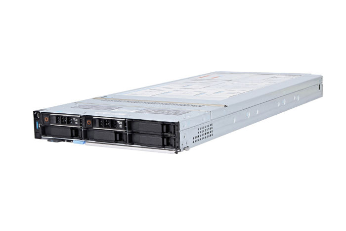 Angled view of Dell PowerEdge MX740c with 2 x 200GB SATA Solid-State Drives