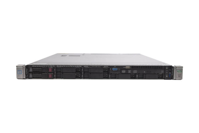 Front view of HP Proliant DL360 Gen9 with 2 x 300GB SAS 15k 2.5" HDDs