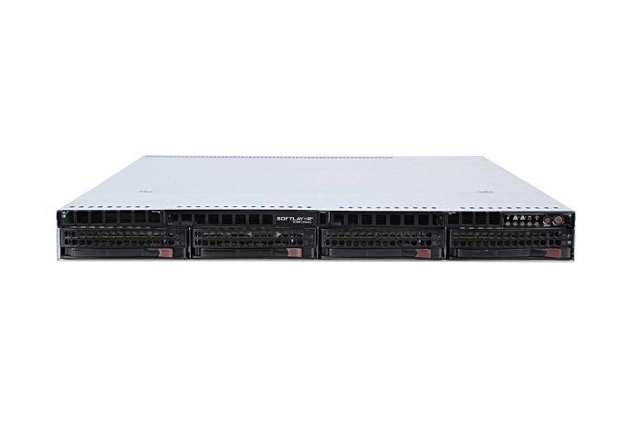 Front view of a SYS-5019P-WTR supermicro superserver system with a CSE-815 chassis and X11SPW-TF motherboard featuring 4 x 3.5" drive caddies.