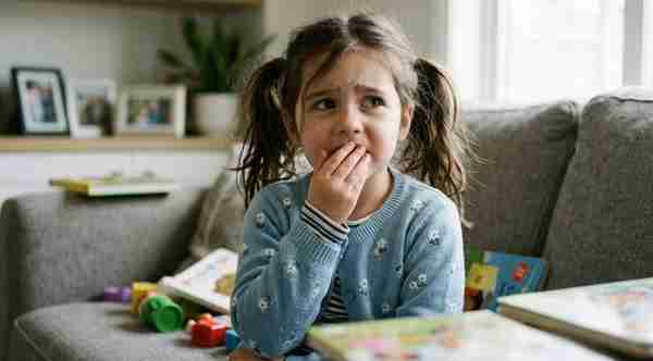 A child sitting on a couch surrounded by books and toys, looking worried