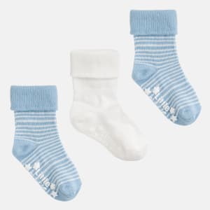 Organic Non-Slip Stay On Baby and Toddler Socks - 3 Pack in Sky Blue & Marshmallow