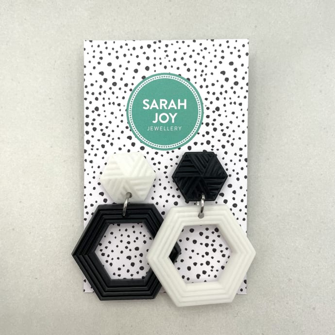 Matt Black Mismatch Hexagon Studs: Quirky mismatch design 3D printed in lightweight resin. More colours available.