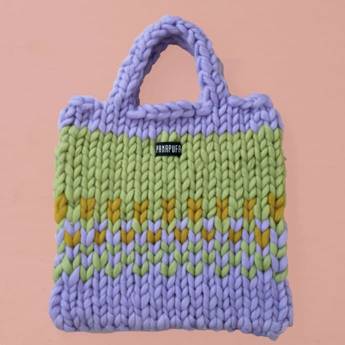Violet Chunky Knit Tote bag: Colorful, knitted shopper bag made by hand from thick wool