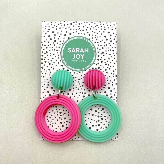 Turquoise / Pink Mismatch Circle Studs: Quirky mismatch design 3D printed in lightweight resin. More colours available.