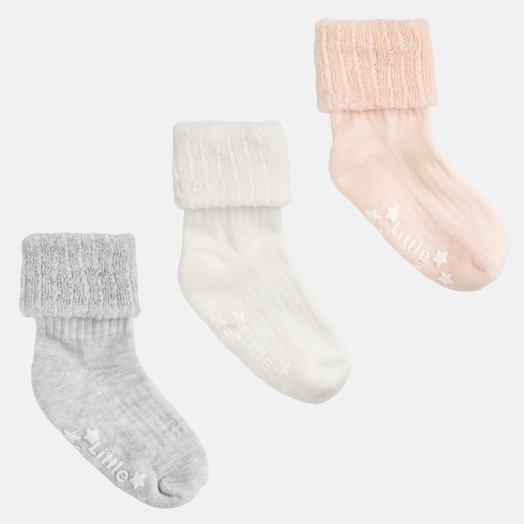 Cosy Stay On Winter Warm Baby Non Slip Socks - 3 Pack in Coral, Marshmallow and Cloud Grey - 0-2 years