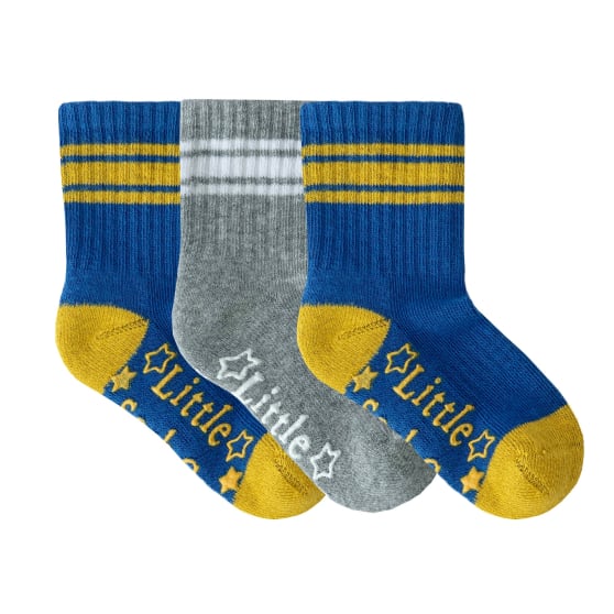 OUTLET- Non-Slip Stay-on Baby & Toddler Organic Quarter Crew Sporty Socks - 3 Pack - Blue & Grey