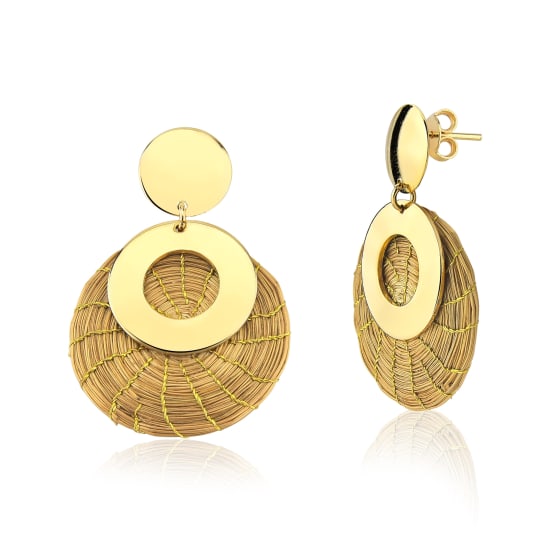 Hollowed Golden Grass Hoop and Sphere Earrings