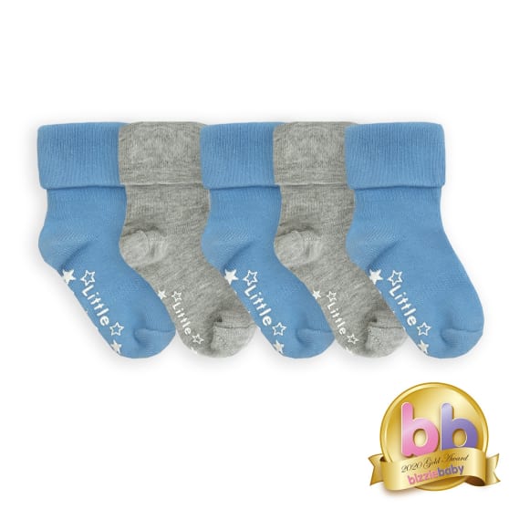 Talipes (clubfoot) Boots and Bar Socks - Non-Slip Stay on Baby and Toddler Socks - 5 Pack in Grey & Blue