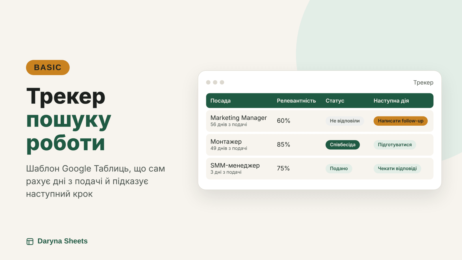 Обкладинка шаблону «Трекер пошуку роботи. Basic» — схематична таблиця вакансій зі статусами
