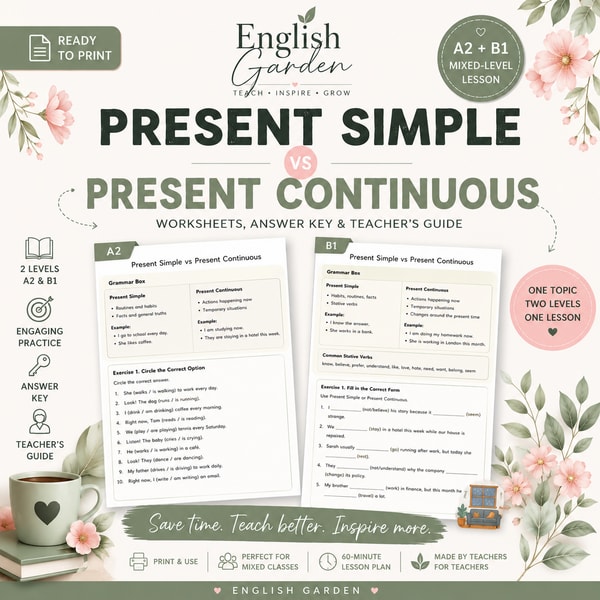 📚 Mixed-Level Grammar Worksheet: Present Simple vs Present Continuous (A2 + B1)