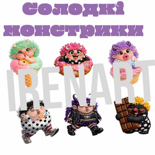 Графічний набір «Солодкі монстрики» — 6 унікальних 3D-персонажів (PNG на прозорому фоні).