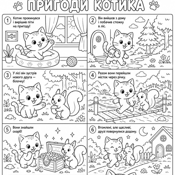 Згенерована розмальовка. Пригоди котика і білочки