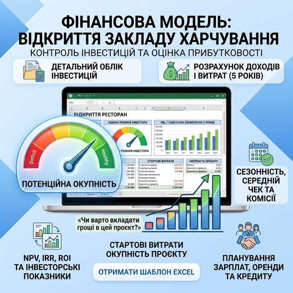 Шаблон фінансова модель Excel для розрахунку ефективності інвестицій у кафе, ресторан, кофейню, піццерію тощо