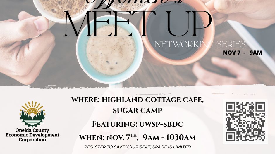 Promotional graphic for the Oneida County Economic Development Corporation's Coffee & Connections Women's Meet Up, featuring hands holding coffee cups over a table, event details, and logos.