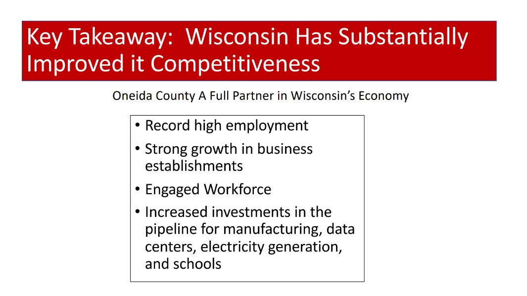 Summary slide highlighting Wisconsin's competitiveness including high employment, strong business growth, engaged workforce, and investments in manufacturing, data centers, energy, and schools. Mentions Oneida County as a key partner.