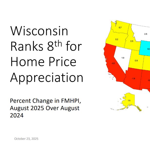 Map of the United States showing housing price appreciation rates by state for 2025, with Wisconsin highlighted and labeled 4th for home price appreciation.