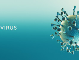 Illustration des Coronavirus (COVID-19) in Nahaufnahme. Das Bild zeigt die charakteristische kugelförmige Struktur mit stachelartigen Proteinspitzen. Der Hintergrund ist in Blau- und Grüntönen gehalten. Text im Bild: 'Coronavirus COVID-19'.