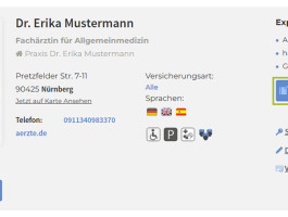 Beispiel-Ansicht eines in einem ärzte.de-Profil hinzugefügten Buttons mit Link zur Online-Terminbuchungsfunktion.