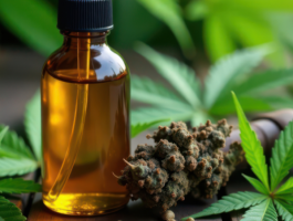 Medizinisches Cannabisöl in einer Glasflasche neben Cannabisblüten und grünen Hanfblättern. Ein Symbolbild für Cannabistherapie, evidenzbasierte Medizin und alternative Behandlungsmöglichkeiten in Deutschland.