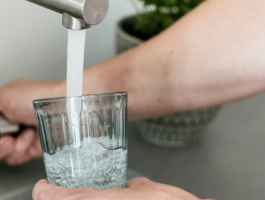 Eine Person füllt ein Glas mit Leitungswasser an einem Wasserhahn in der Küche – Symbolbild für Trinkwasserhygiene und Schutz vor Legionellen im Haushalt.