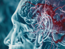 Darstellung einer Hirnblutung im menschlichen Kopf mit sichtbarem Gehirn, Blutgefäßen und rot leuchtendem betroffenen Bereich – Symbolbild für Ursachen, Folgen und Behandlung einer Hirnblutung.