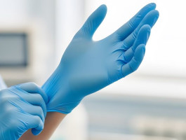 Eine Person zieht medizinische Einmalhandschuhe an.