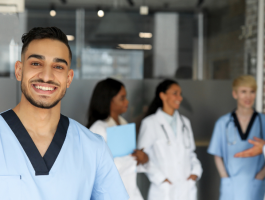 Lächelnder internationaler Gesundheitsfachkraft in Klinik, im Hintergrund multikulturelles Ärzteteam im Gespräch – Symbol für Integration, Fachkräftezuwanderung und Anerkennung im deutschen Gesundheitswesen