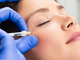 Ärztin injiziert Botulinumtoxin (Botox) mit Spritze in die seitliche Augenregion einer Patientin zur Faltenbehandlung; Nahaufnahme einer ästhetischen Behandlung mit medizinischen Handschuhen.