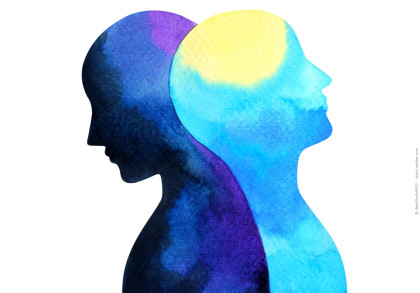 Zwei überlappende Silhouetten von Personen, gemalt in leuchtenden Blau- und Violetttönen. Die linke Figur zeigt ein nachdenkliches Profil, während die rechte Figur ein aufgerichtetes Gesicht mit einem hellen gelben Bereich über dem Kopf darstellt.