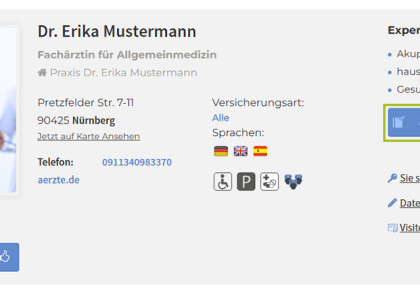 Beispiel-Ansicht eines in einem ärzte.de-Profil hinzugefügten Buttons mit Link zur Online-Terminbuchungsfunktion.