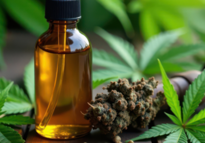 Medizinisches Cannabisöl in einer Glasflasche neben Cannabisblüten und grünen Hanfblättern. Ein Symbolbild für Cannabistherapie, evidenzbasierte Medizin und alternative Behandlungsmöglichkeiten in Deutschland.
