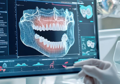 3D-Darstellung eines Kiefers auf einem Computermonitor bei der digitalen Planung eines Zahnimplantats in einer Zahnarztpraxis.