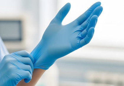 Eine Person zieht medizinische Einmalhandschuhe an.