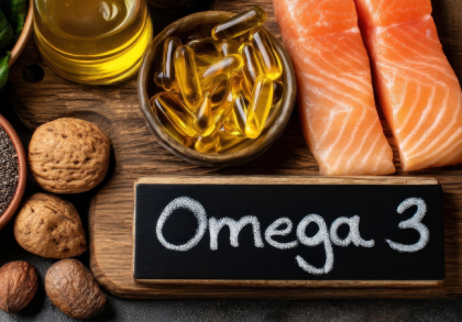 Omega-3-reiche Lebensmittel wie Lachs, Fischölkapseln, Chiasamen, Nüsse und Leinöl auf Holzuntergrund – Darstellung gesunder Ernährung zur Unterstützung der Herzgesundheit und Versorgung mit Omega-3-Fettsäuren.