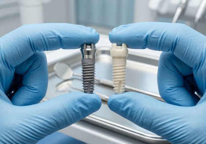 Eine Person hält in der linken Hand ein Titanimplantat und in der rechten Hand ein Keramikimplantat. 